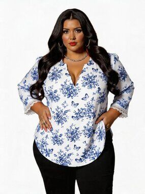 Women's Plus Size Tops 3/4 Sleeve Blouses V-Neck Shirt, BLUE FLORAL, Size 2XL